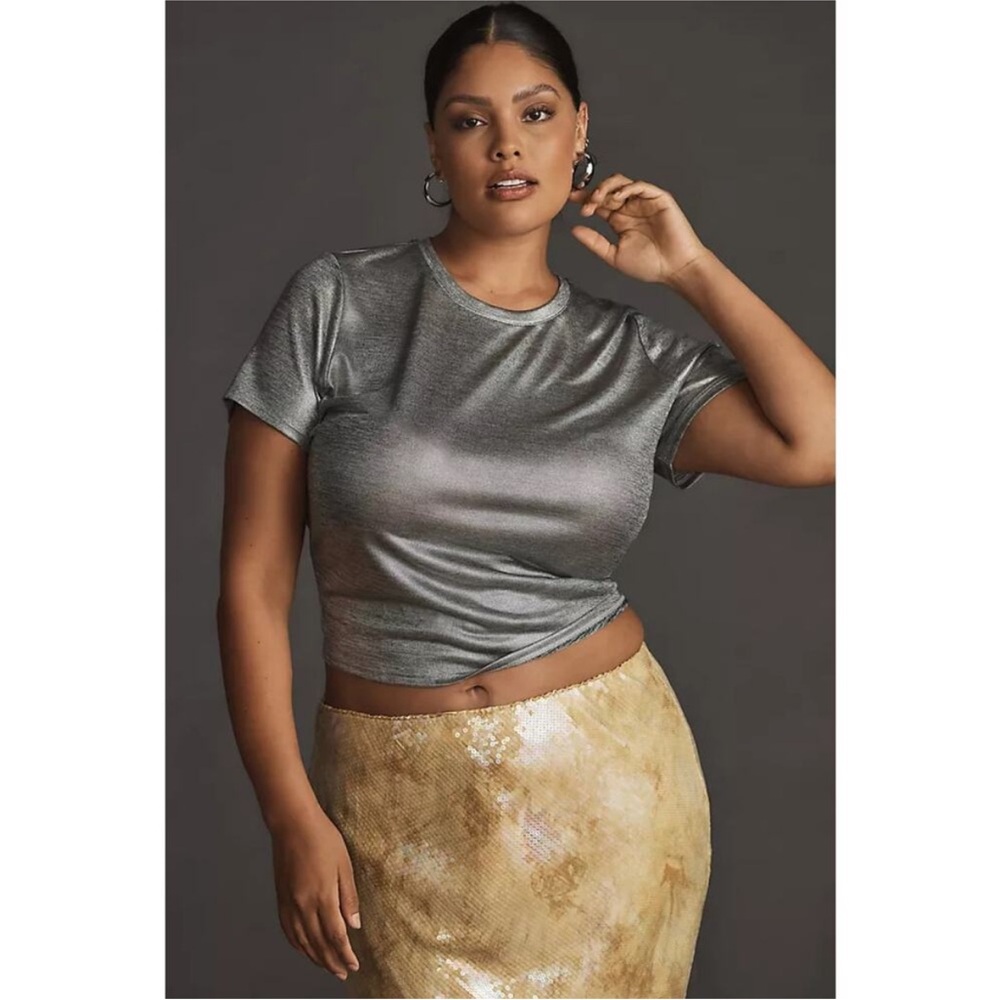 Anthropologie Metallic Silver Short Sleeve Tee